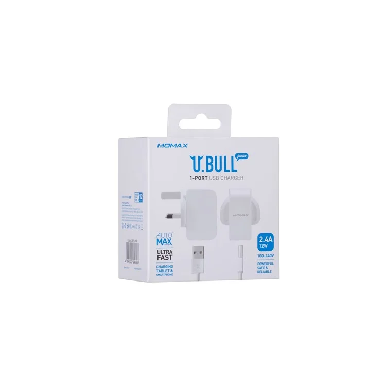 MOMAX 5V /2.4A single Port USB Portable Intelligent Digital Wall Charger - White / UK Plug