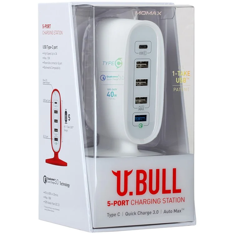 MOMAX U Bull 40W 5-Port USB Travel Wall Charger with Quick Charge 3.0 + Type-C Ports - White / CN Plug