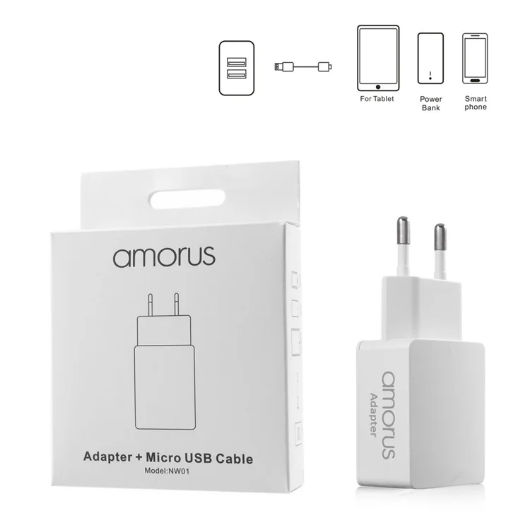 AMORUS NW01 2.1A Dual USB Travel Charger Adapter + Micro USB Cable for Samsung Galaxy S7/ Huawei Y5 (2017) Etc - EU Plug