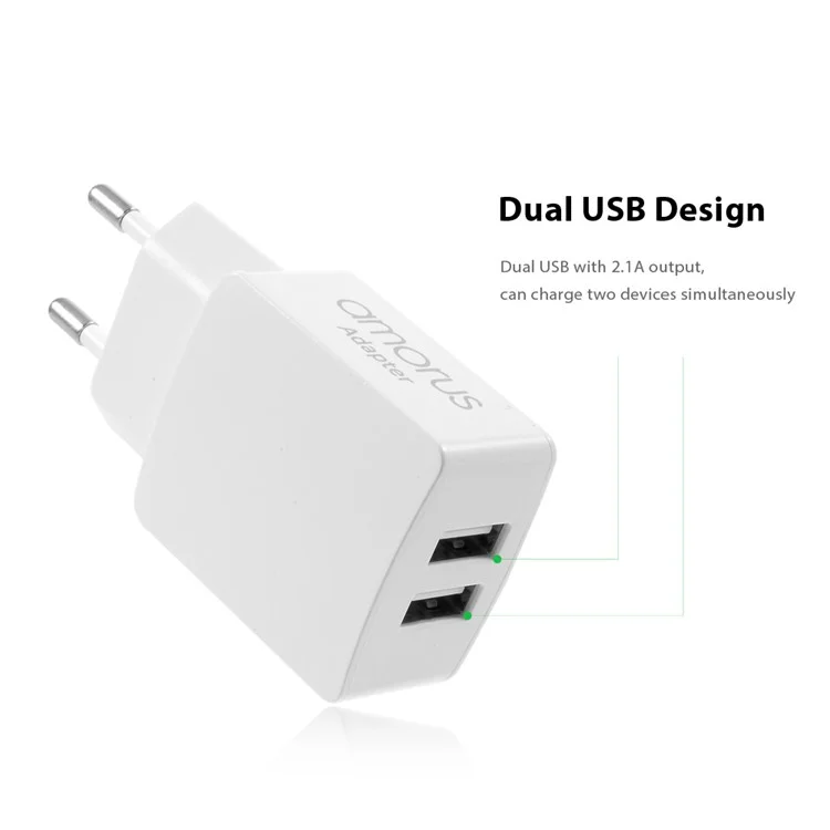 AMORUS NW01 2.1A Dual USB Travel Charger Adapter + Micro USB Cable for Samsung Galaxy S7/ Huawei Y5 (2017) Etc - EU Plug