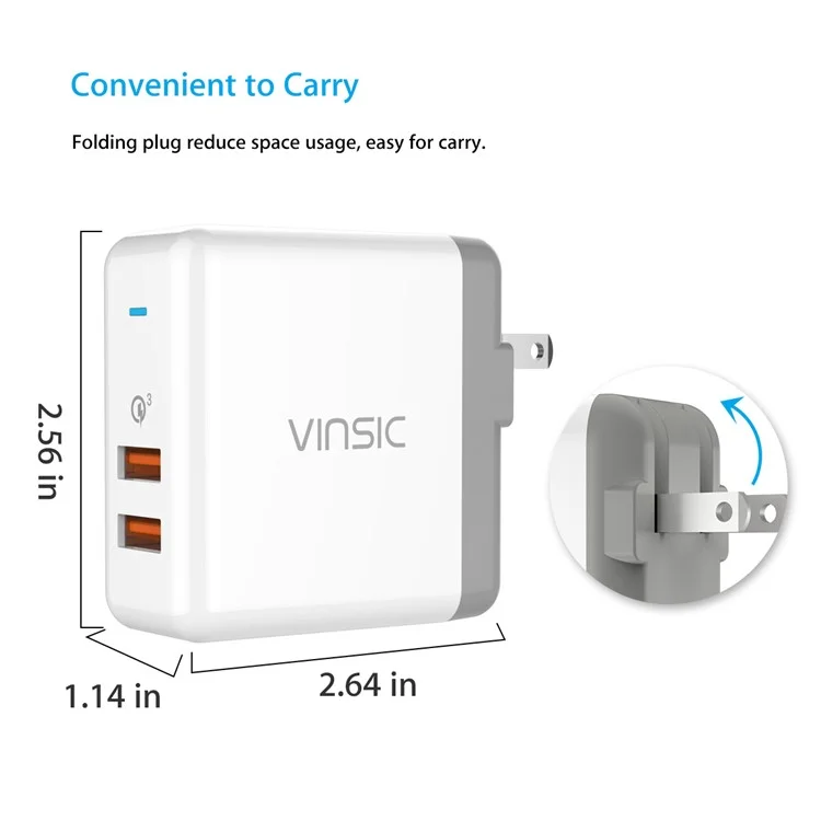 VINSIC 2-Port QC3.0 Wall Travel Charger Adapter (36W) - US Plug / White