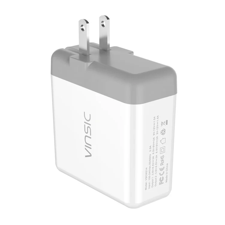 VINSIC 2-Port QC3.0 Wall Travel Charger Adapter (36W) - US Plug / White