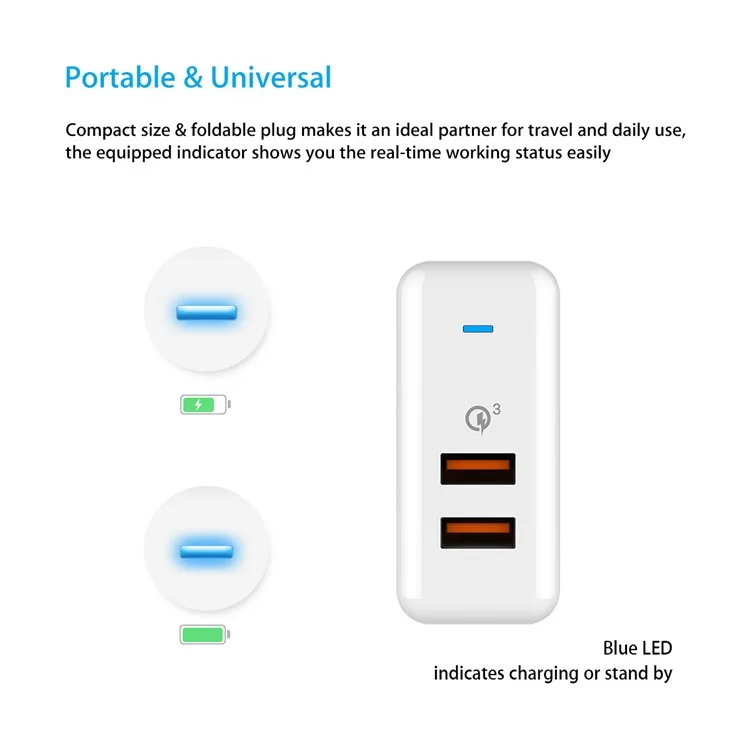 VINSIC 2-Port QC3.0 Wall Travel Charger Adapter (36W) - US Plug / White