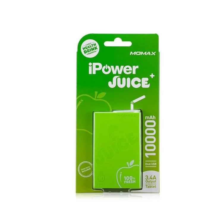 MOMAX iPower Juice+ 10000mAh 2.4A/1A Dual-USB External Power Bank for Smartphones & Tablets - Green