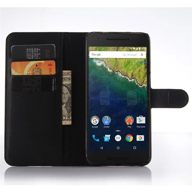 Litchi Texture Leather Wallet Stand Case for Huawei Nexus 6P - Black