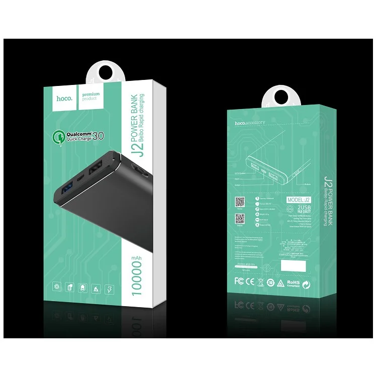 HOCO J2-10000 Dual USB Port 10000mAh Fast Charging Portable External Power Bank - Black