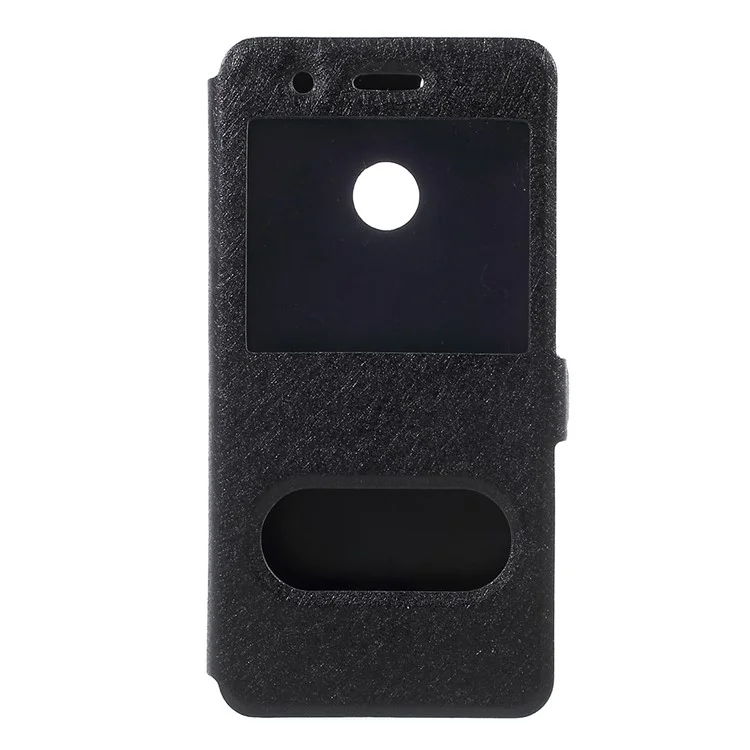 For Huawei P9 lite mini / Enjoy 7 / Y6 Pro (2017) Silk Texture Dual Window Stand Leather Phone Cover - Black