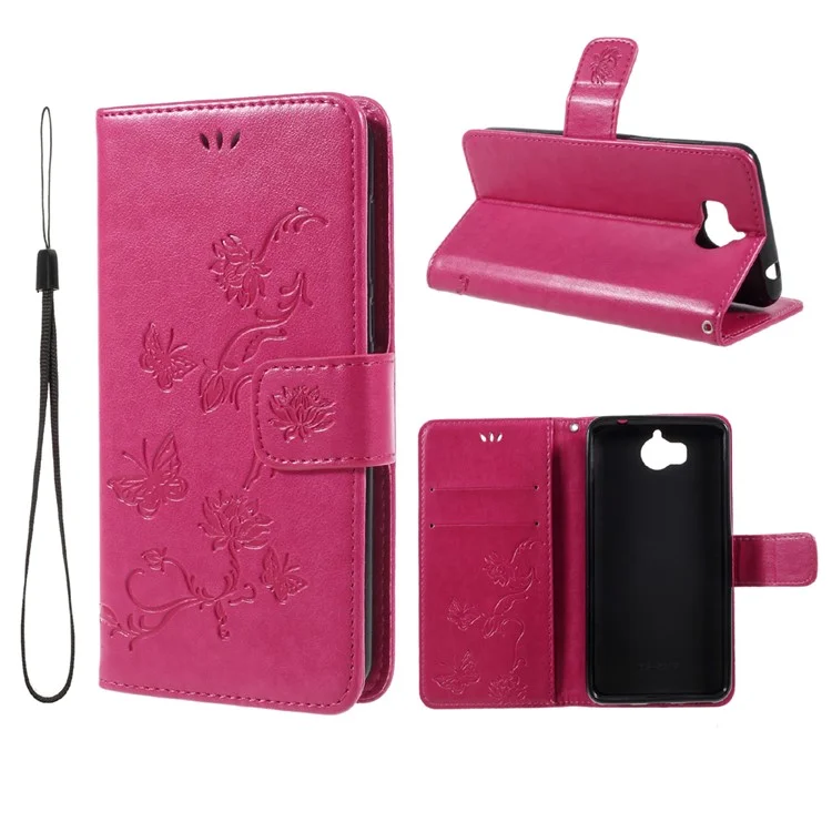 Imprint Butterfly Flower Leather Wallet Case for Huawei Y5 (2017) / Y6 (2017) - Rose