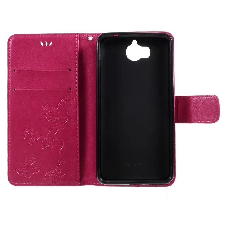 Imprint Butterfly Flower Leather Wallet Case for Huawei Y5 (2017) / Y6 (2017) - Rose