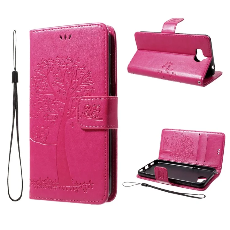 Imprint Tree Owl Magnetic Wallet Leather Stand Protective Cover for Huawei Y5 (2017) / Y6 (2017) - Rose