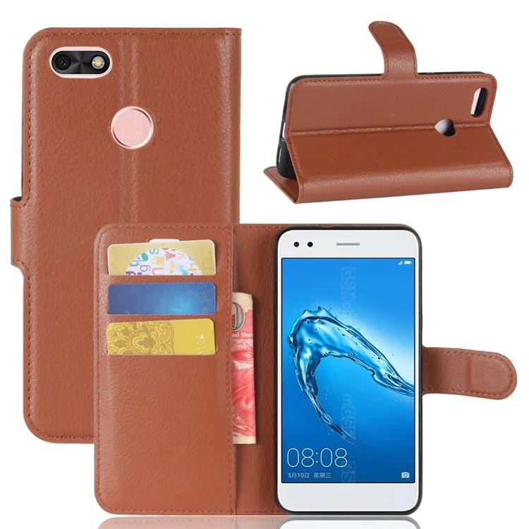 Litchi Texture Leather Wallet Stand Phone Accessory Case for Huawei P9 Lite mini / Y6 Pro (2017) / Enjoy 7 - Brown