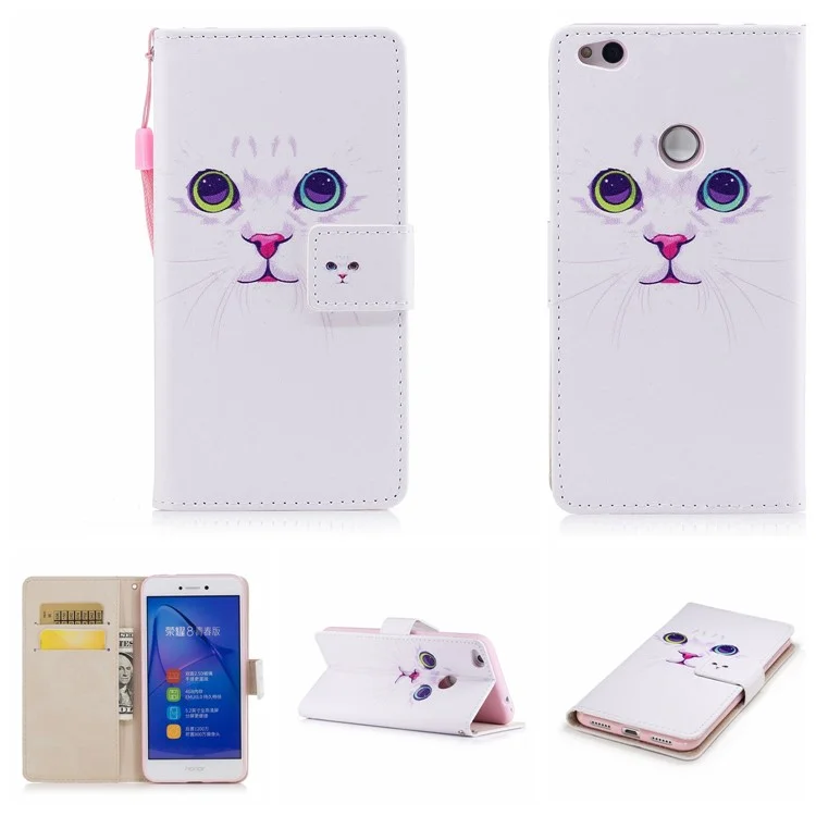 Patterned PU Leather Wallet Stand Protective Phone Shell for Huawei P8 Lite (2017) / Honor 8 Lite - Cat