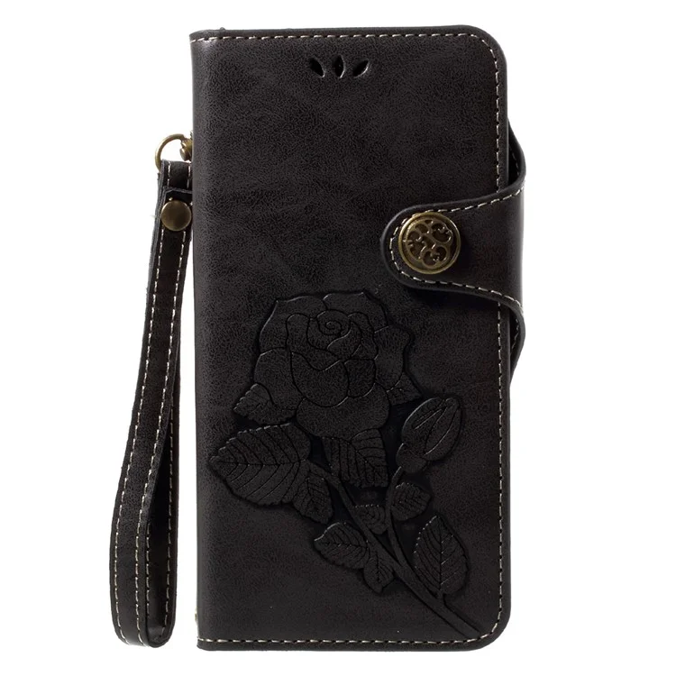 Retro Style Rose Pattern Flip Phone Case Accessory with Card Slots for Huawei P10 Lite - Black