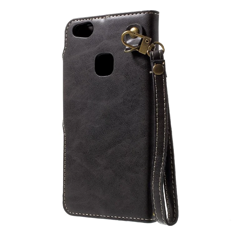 Retro Style Rose Pattern Flip Phone Case Accessory with Card Slots for Huawei P10 Lite - Black