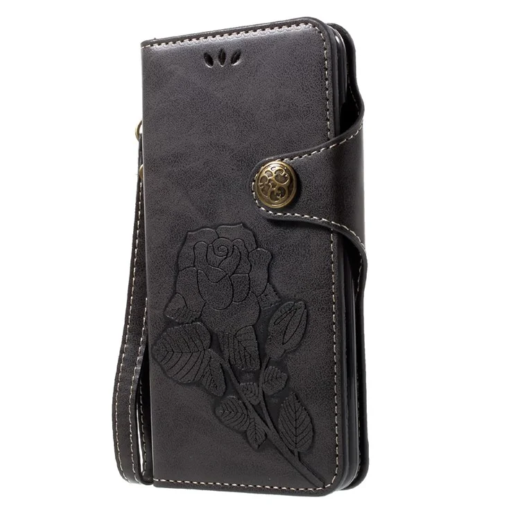 Retro Style Rose Pattern Flip Phone Case Accessory with Card Slots for Huawei P10 Lite - Black