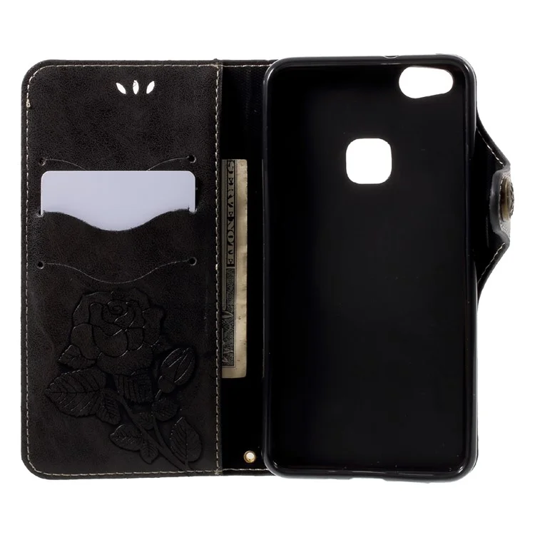 Retro Style Rose Pattern Flip Phone Case Accessory with Card Slots for Huawei P10 Lite - Black