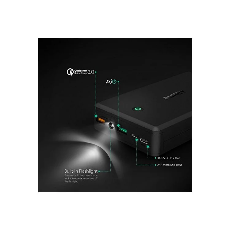 AUKEY PB-Y3 30000mAh Power Bank with Quick Charge 3.0, Type-C & 2 USB Outputs, Tpye-C & Micro-USB Input
