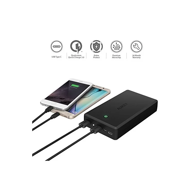 AUKEY PB-Y3 30000mAh Power Bank with Quick Charge 3.0, Type-C & 2 USB Outputs, Tpye-C & Micro-USB Input