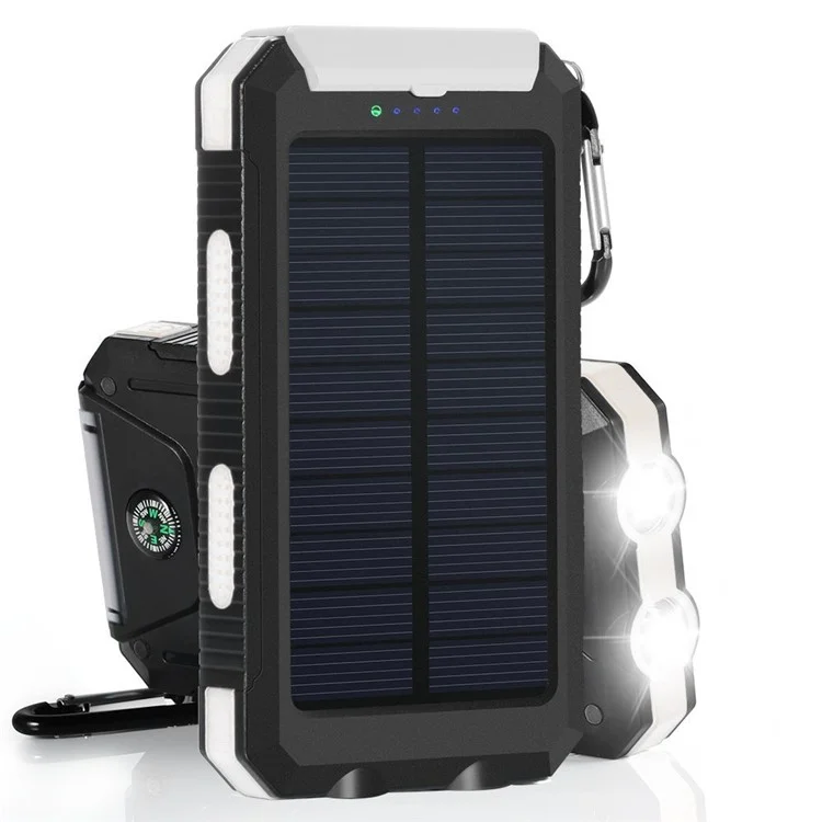 10000mAh Power Bank Solar Charger External Battery USB Charger Built in LED Light with Compass - White