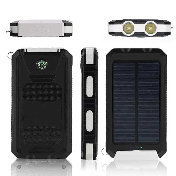 10000mAh Power Bank Solar Charger External Battery USB Charger Built in LED Light with Compass - White