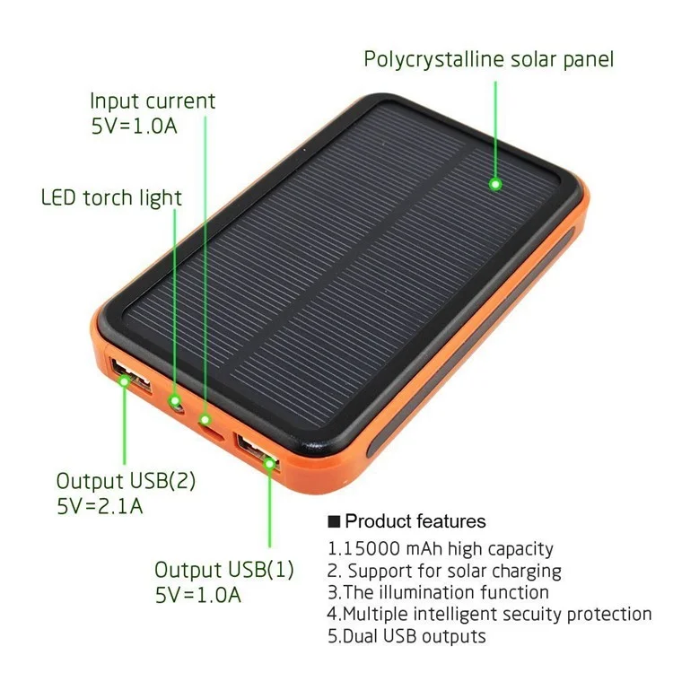 Waterproof 10000mAh Dual USB Solar Phone Charger Power Bank with Flashlight - Orange