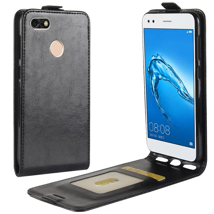 Crazy Horse Vertical Flip Card Holder Leather Case for Huawei P9 lite mini / Enjoy 7 / Y6 Pro (2017) - Black