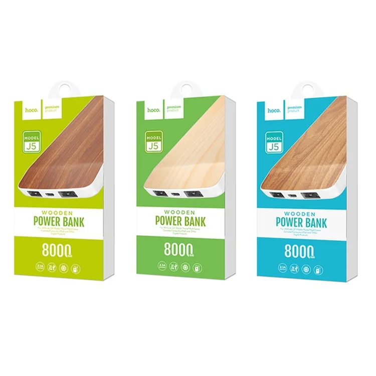 HOCO J5 Wooden 8000mAh Dual USB Power Bank External Backup Battery Charger - Pear Wood