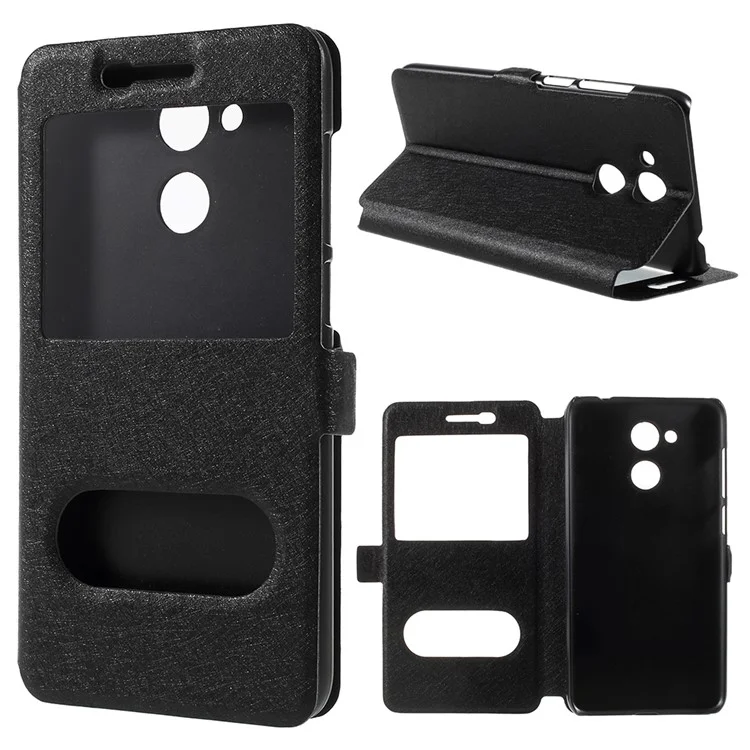 For Huawei Honor 6C Pro / V9 Play Silk Texture Dual Window Leather Phone Protection Cover - Black