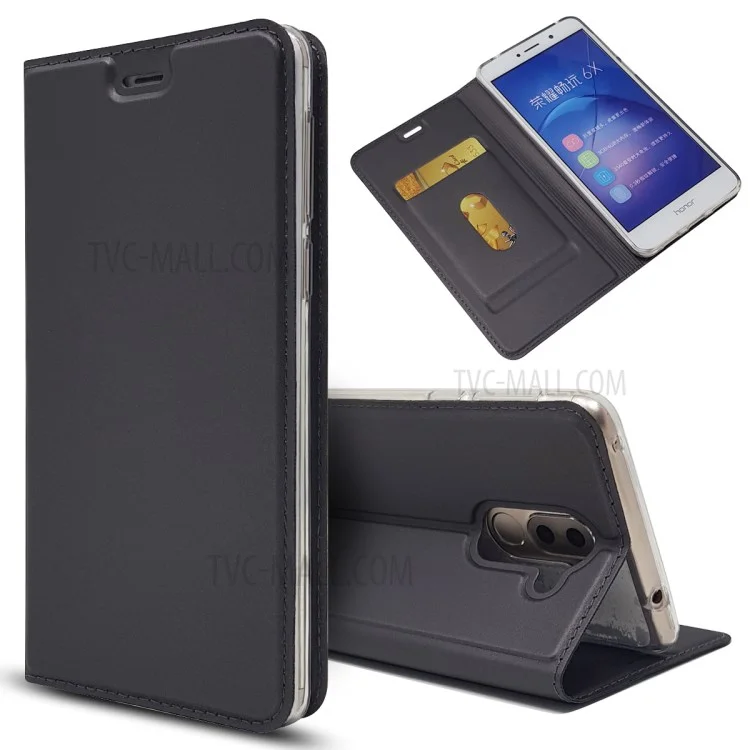 Auto-absorbed Magnetic Leather Card Holder Phone Shell for Huawei Honor 6x (2016) - Black