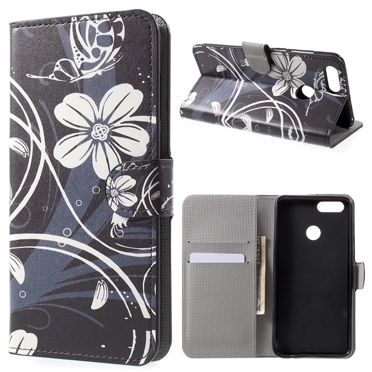 Water Transfer Printing Stand Wallet Magnetic Leather Case for Huawei Honor 7X - Pretty Flowers