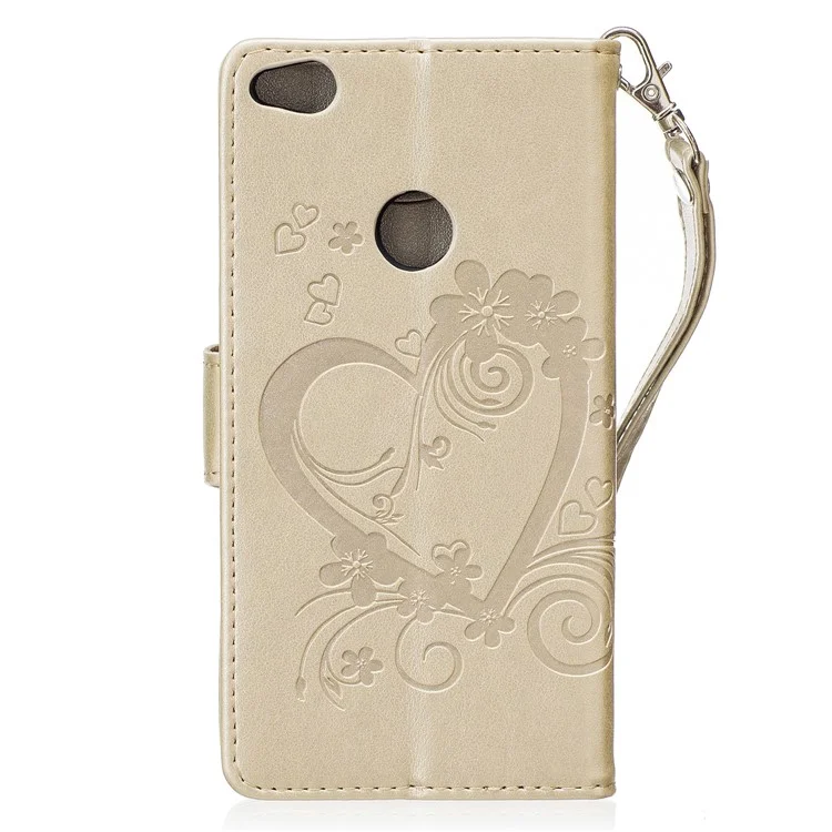 Imprinted Loving Heart Leather Wallet Shell for Huawei P8 Lite (2017) / Honor 8 Lite - Gold