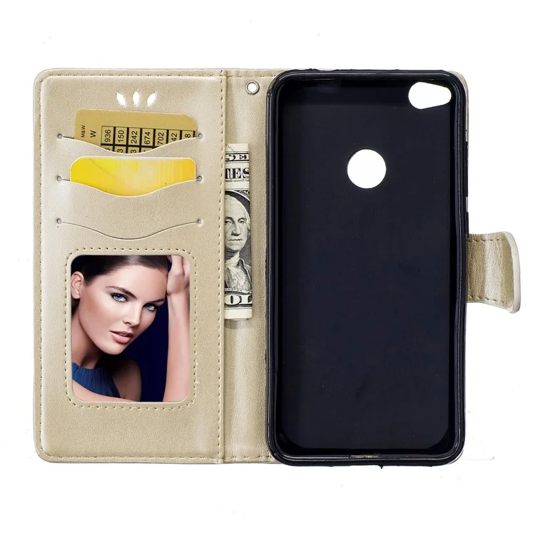 Imprinted Loving Heart Leather Wallet Shell for Huawei P8 Lite (2017) / Honor 8 Lite - Gold