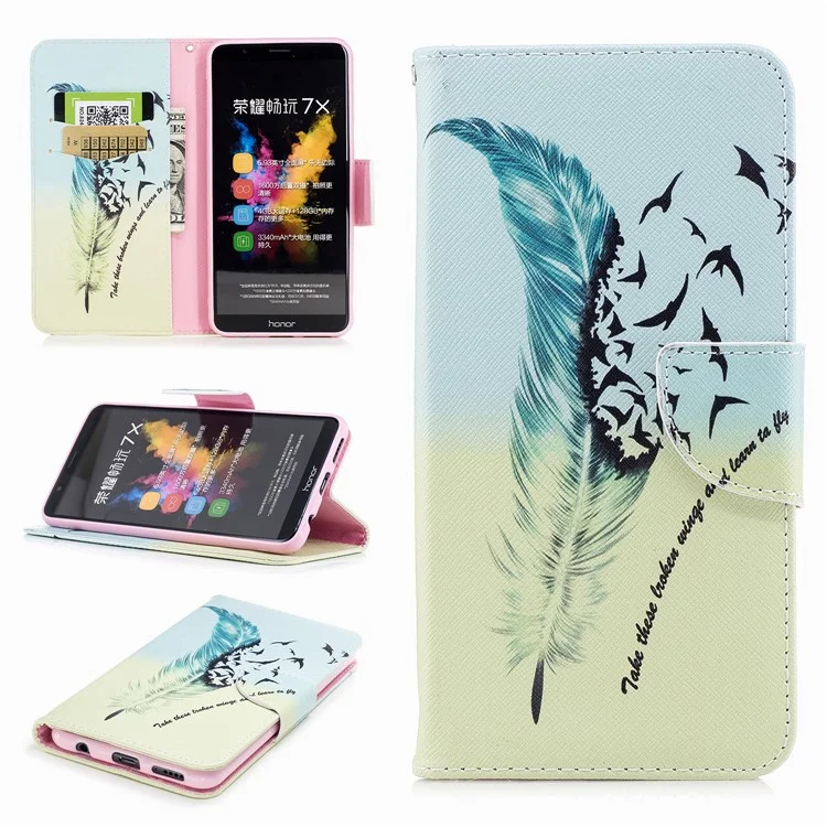 Pattern Printing PU Leather Wallet Stand Phone Case for Huawei Honor 7X - Feather and Birds