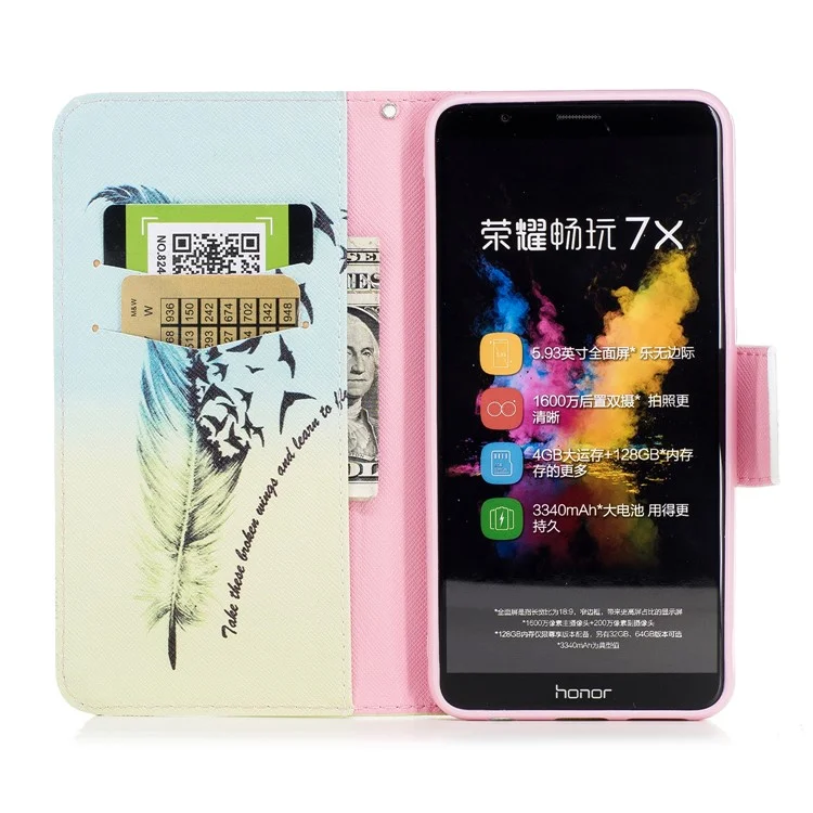 Pattern Printing PU Leather Wallet Stand Phone Case for Huawei Honor 7X - Feather and Birds