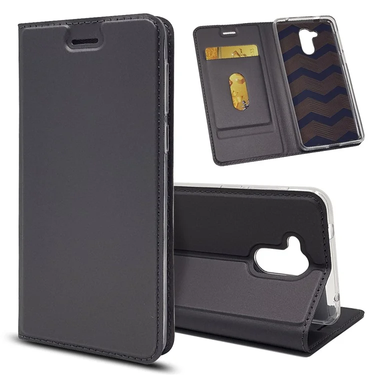 Magnetic Adsorption PU Leather Card Holder Stand Case for Huawei Enjoy 6s/Honor 6C - Black