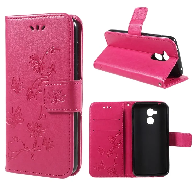 Imprint Butterfly and Flower Stand Wallet Leather Case for Huawei Honor 6A / 5C pro - Rose