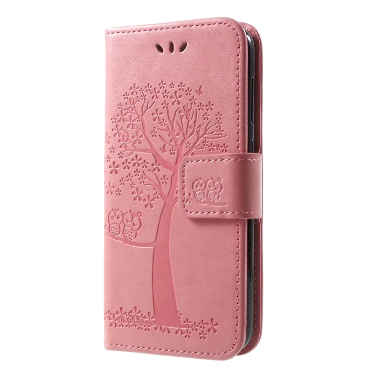 Imprint Tree Owl Leather Phone Case with Stand for Huawei P9 lite mini / Y6 Pro (2017) / Enjoy 7 - Pink