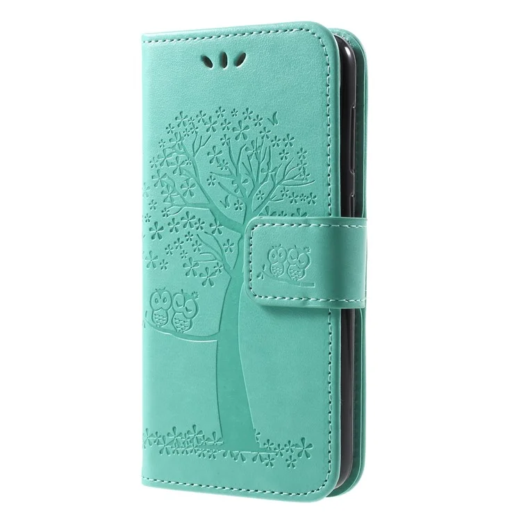 Imprint Tree Owl PU Leather Wallet Phone Cover for Huawei P9 lite mini / Y6 Pro (2017) / Enjoy 7 - Green