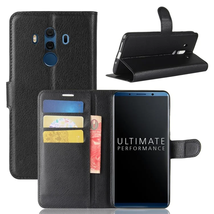 Litchi Skin PU Leather Wallet Stand Phone Shell for Huawei Mate 10 Pro / Mate 10 Pro Porsche Design - Black