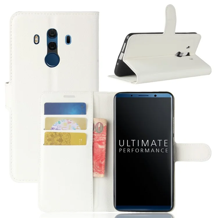 Litchi Skin PU Leather Wallet Stand Cell Phone Cover for Huawei Mate 10 Pro / Mate 10 Pro Porsche Design - White