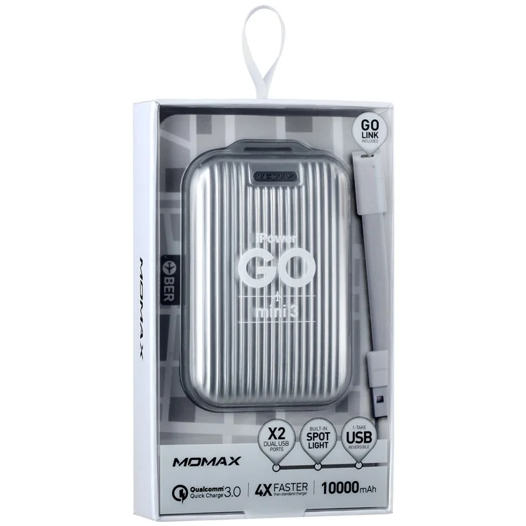 MOMAX iPower Go mini3 Traveling Case 10000mAh Dual USB Power Bank with Quick Charge 3.0 - Silver Color