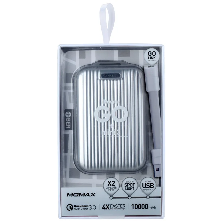 MOMAX iPower Go mini3 Traveling Case 10000mAh Dual USB Power Bank with Quick Charge 3.0 - Silver Color