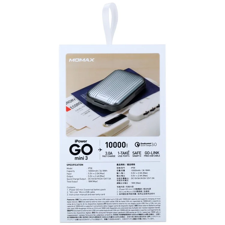 MOMAX iPower Go mini3 Traveling Case 10000mAh Dual USB Power Bank with Quick Charge 3.0 - Silver Color