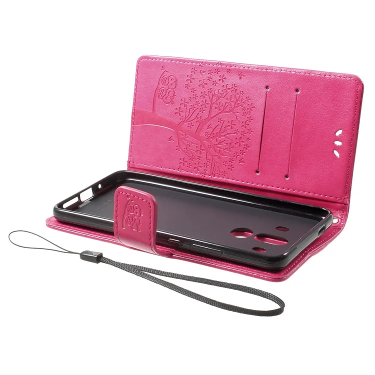 Imprint Tree Owl Leather Wallet Case for Huawei Mate 10 Pro - Rose