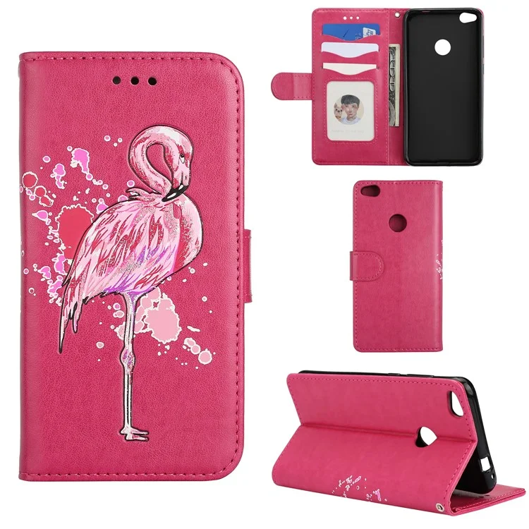 Flamingo Pattern Flash Powder Leather Wallet Case for Huawei P8 Lite (2017) / Honor 8 Lite - Rose