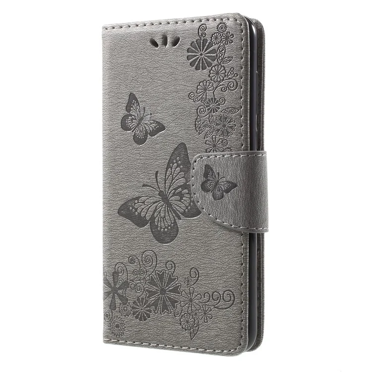 Butterfly Fleurs Imprimé Case de Coquille de Téléphone de Portefeuille Pour Huawei Mate 10 Lite / Nova 2i / Maimang 6 / Honor 9i (inde) - Gris