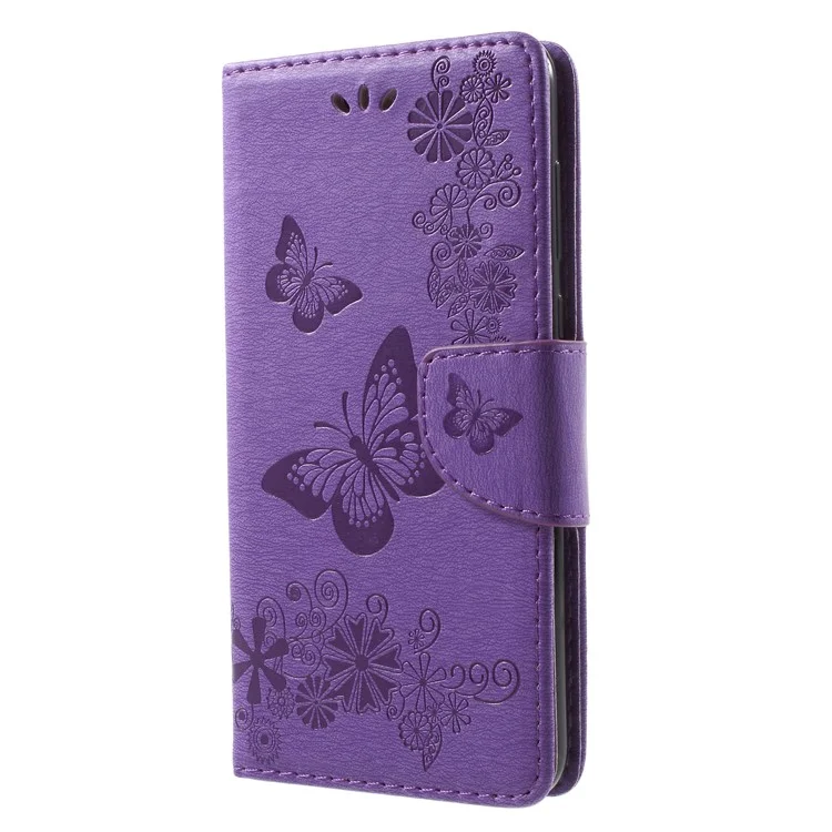 Flores de Mariposa Impresas Case de Cuero Magnético Para Huawei Mate 10 Lite / Nova 2i / Maimang 6 / Honor 9i (India) - Violeta