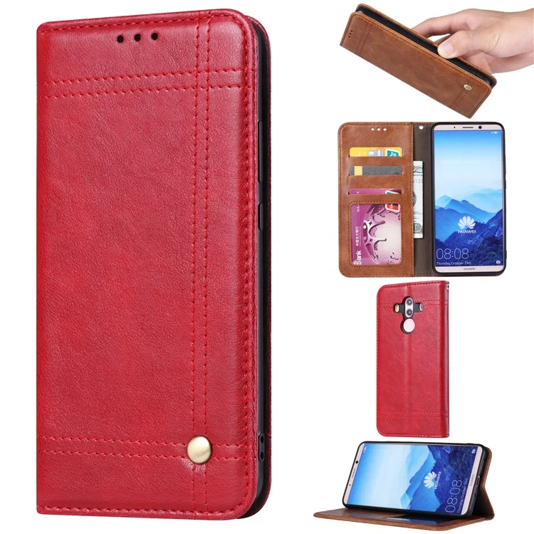 Vintage Leather Wallet Stand Phone Cover for Huawei Mate 10 Pro - Red