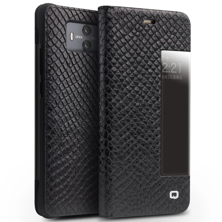 QIALINO Dragon Scale Texture View Window Cowhide Leather Smart Phone Case for Huawei Mate 10 - Black