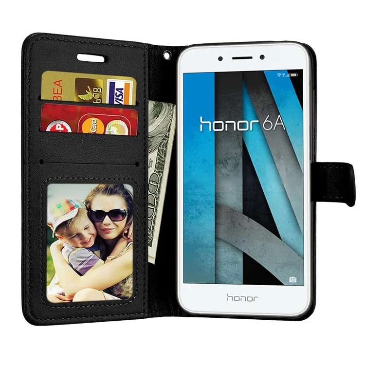 Solid Color Wallet Stand Protective Leather Case for Huawei Honor 6A / Honor 5C pro - Black